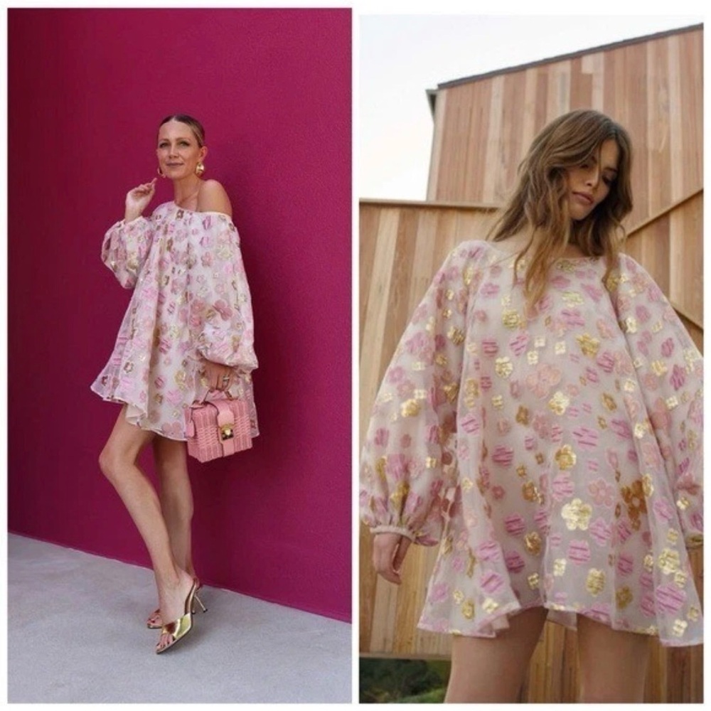 Arianne Elmy Pink Organza Good Luck Drace Puff Sleeve Mini Dress Size S